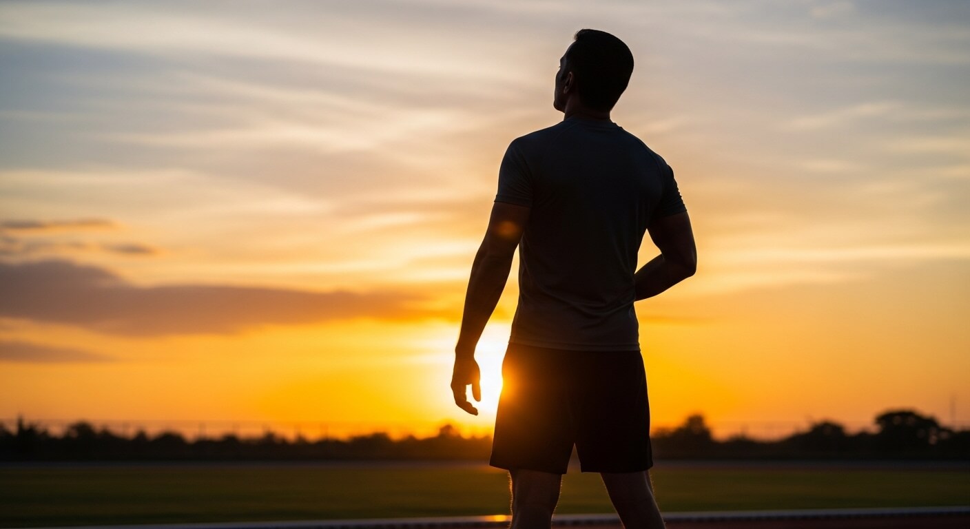 Man in athletic wear standing and looking at sunset on an open field.