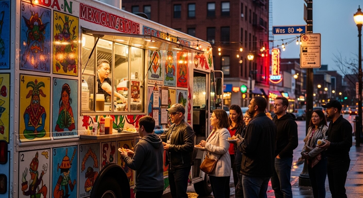 People waiting and ordering food at a colorful Mexican food truck during evening in an urban setting.