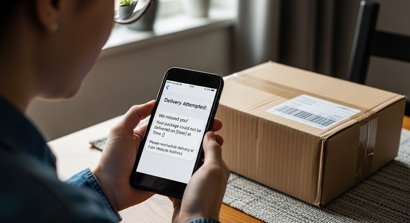 Person holding phone showing a "Delivery Attempted" message next to a cardboard package on a table