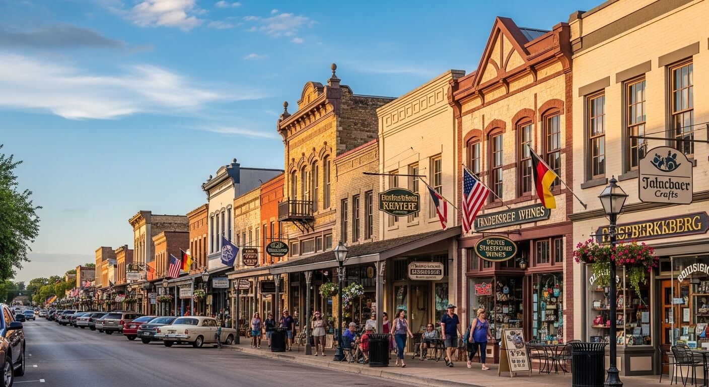 Historic downtown street with brick buildings, shops, and pedestrians under a clear sky at sunset.