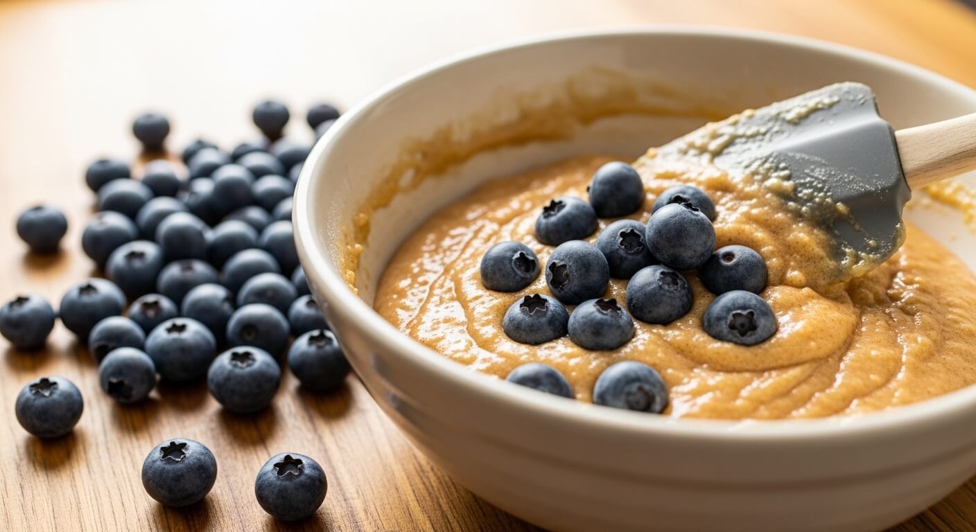 Bowl of batter with fresh blueberries and a gray spatula on a wooden surface.