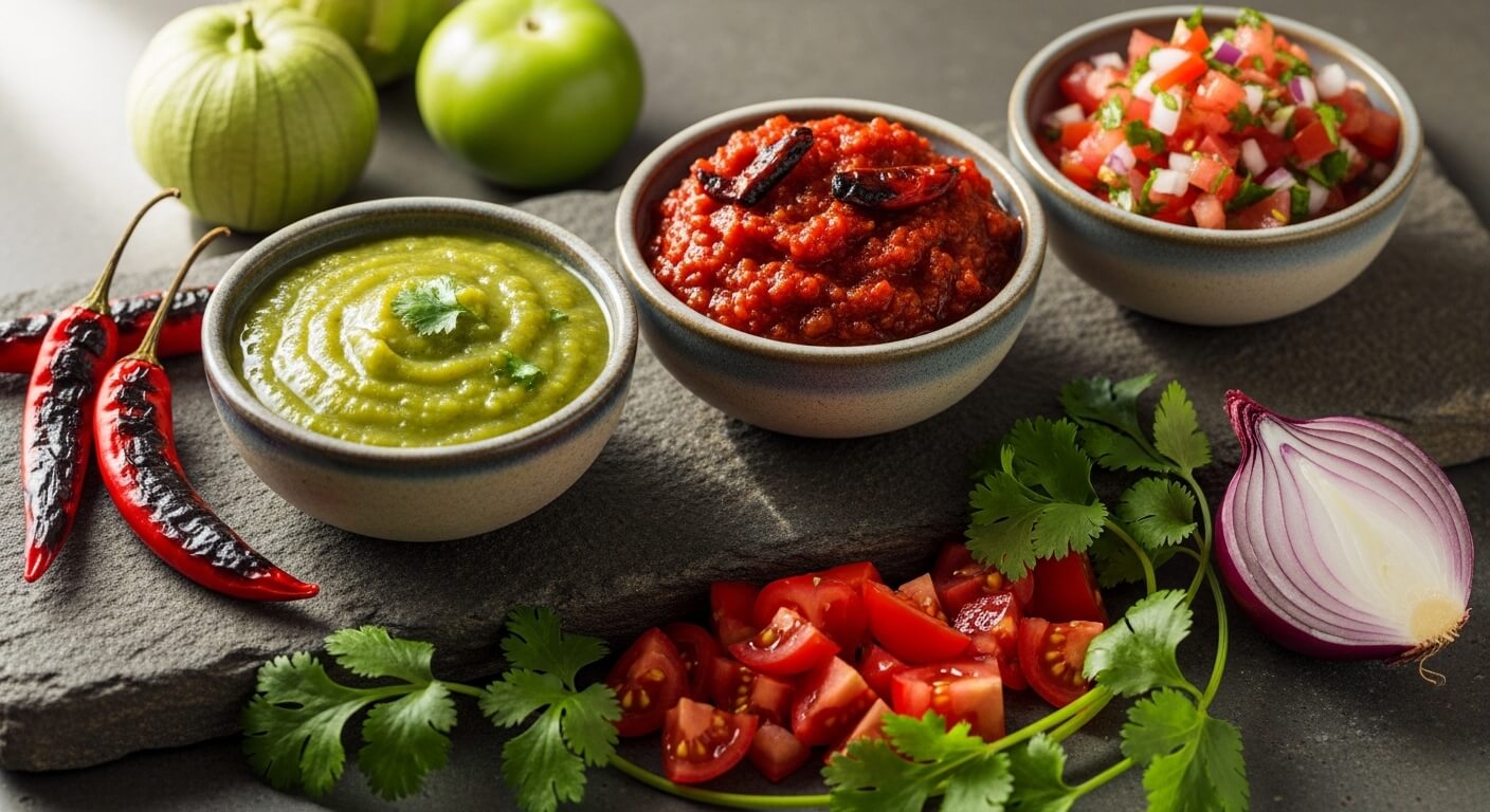 Three bowls of green salsa, red salsa, and pico de gallo with charred chili peppers, tomatillos, tomatoes, cilantro, and red onion.