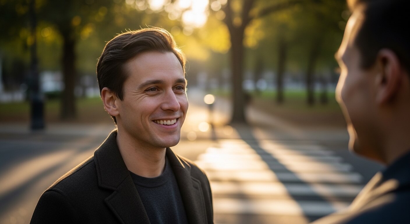 Smiling man in a dark coat talking to another person outdoors near a crosswalk at sunset.