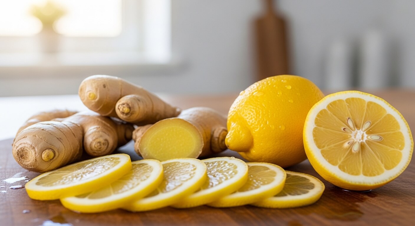 Fresh ginger roots and whole and sliced lemons on a wooden surface with natural light background