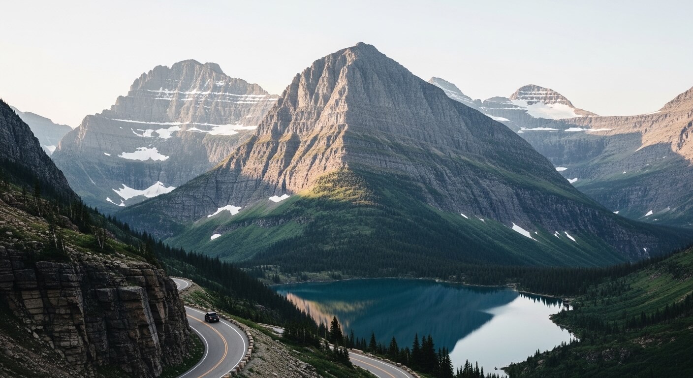 Winding mountain road with a car driving beside a lake surrounded by tall rocky peaks and patches of snow.