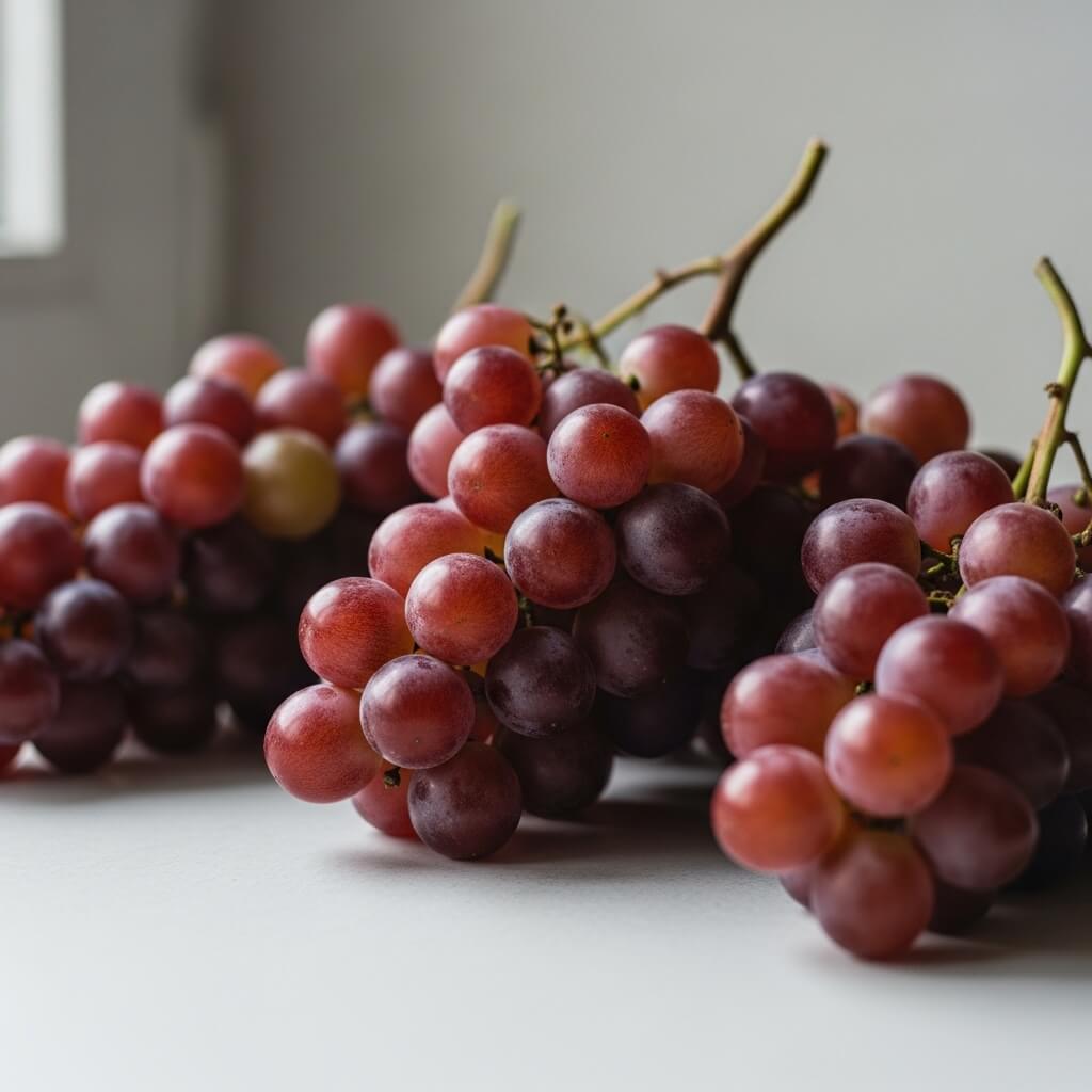 Close-up of red and purple grape clusters on a white surface with soft natural light.