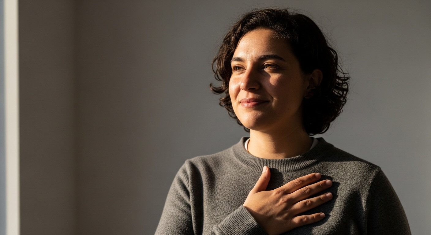 Young woman with short curly hair wearing a gray sweater, smiling with her hand on her chest in soft light