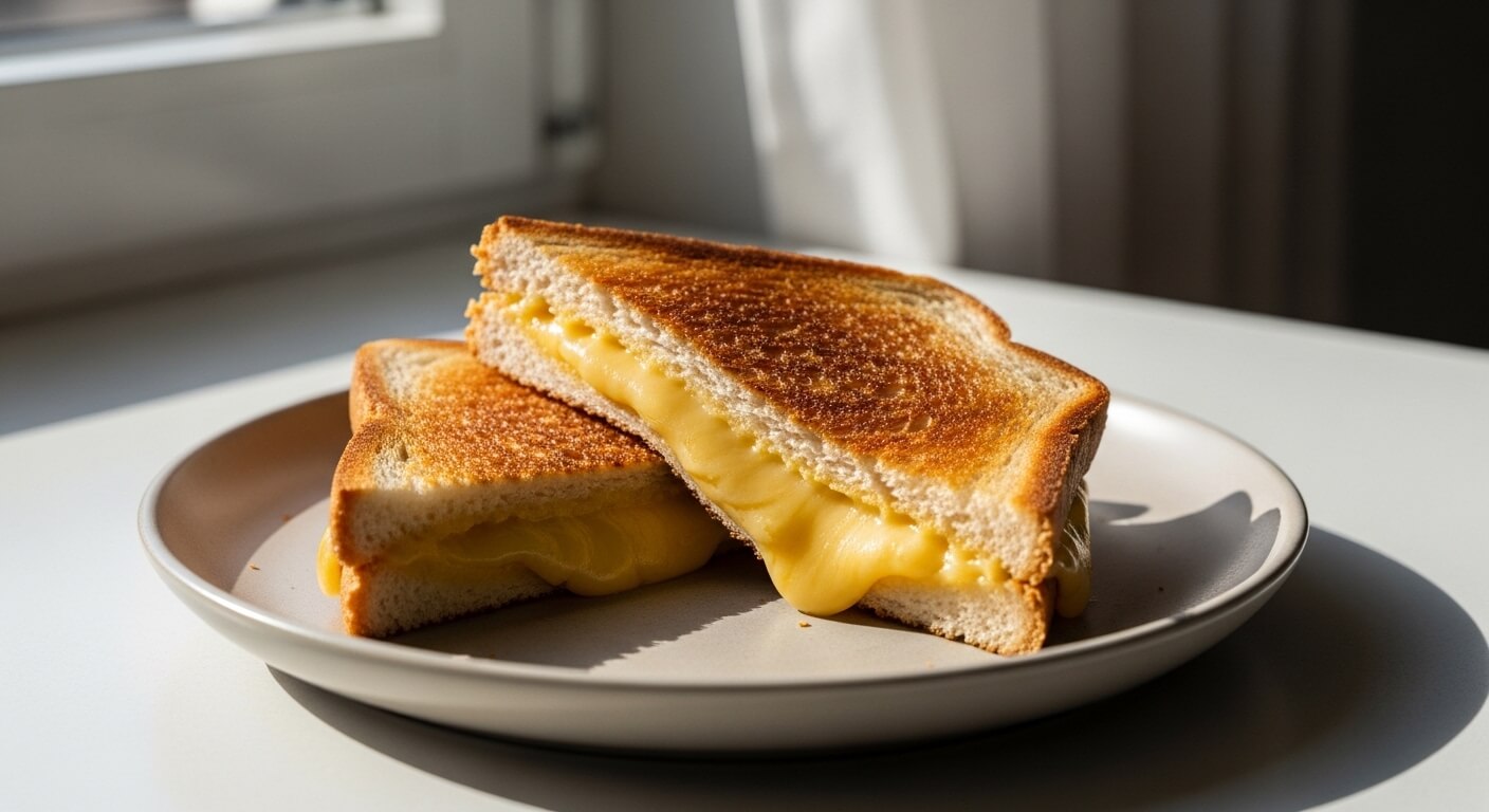 Two halves of a toasted grilled cheese sandwich with melted cheese on a beige plate by a window.