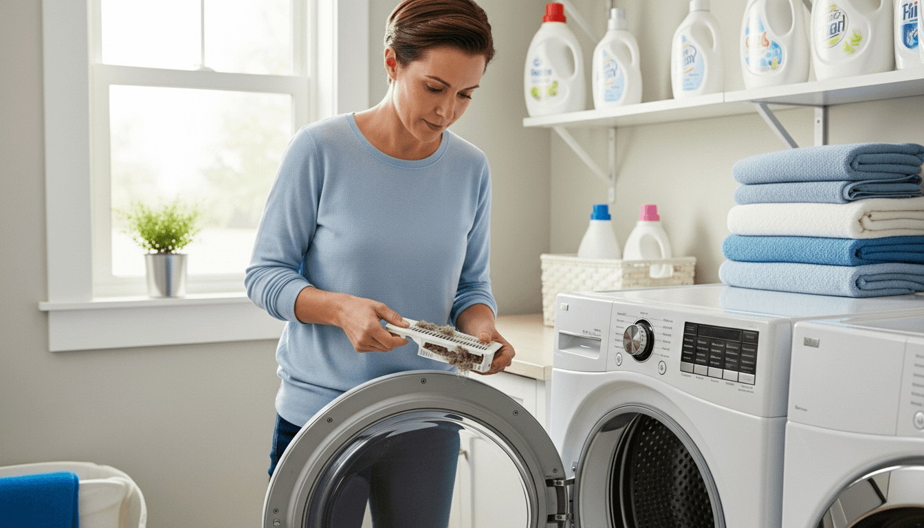 Woman cleaning lint trap from front-load dryer in laundry room with folded towels and detergent bottles nearby