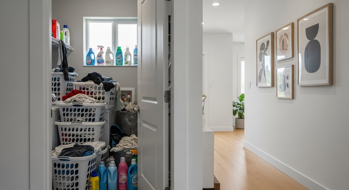 Laundry room with multiple baskets of clothes and various detergent bottles on shelves and windowsill
