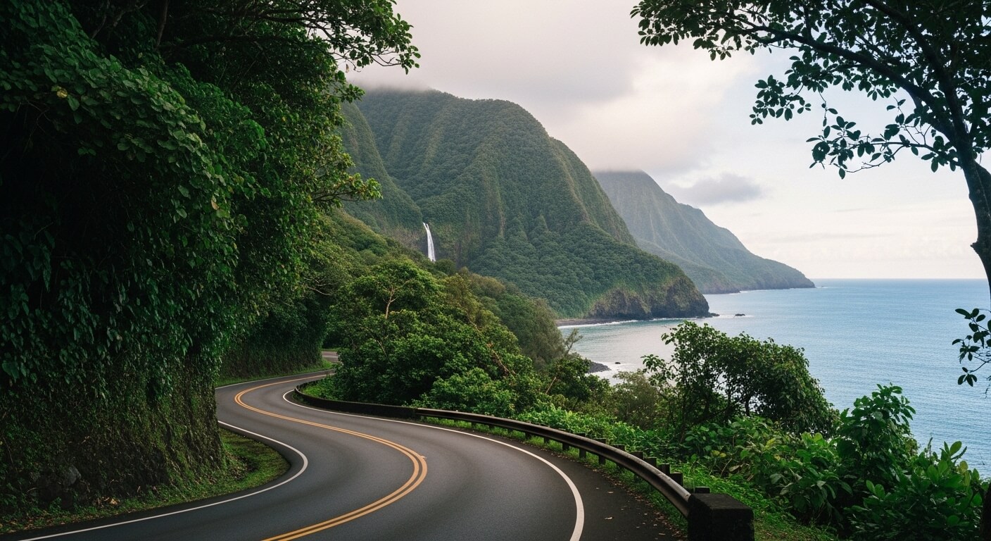 Curving coastal road with lush green mountains and a waterfall overlooking the ocean under a cloudy sky.