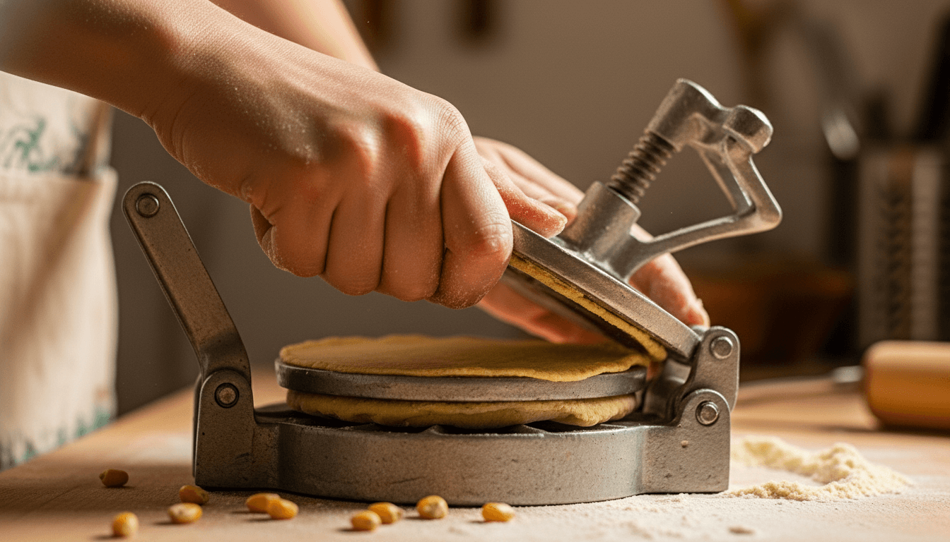 Hands pressing dough in a metal tortilla press on a wooden surface with scattered corn kernels and flour.