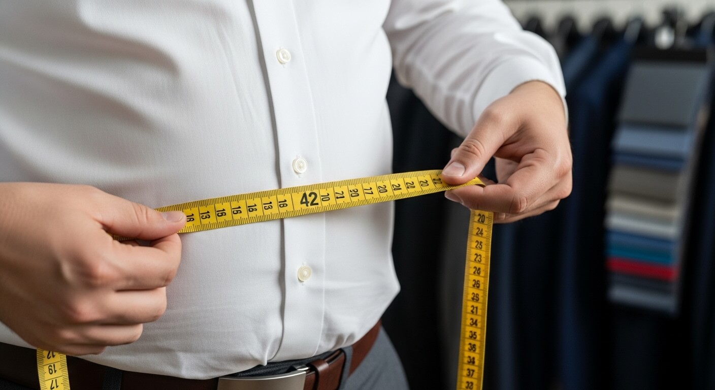 Person in white shirt measuring waist with yellow tape measure showing size 42 inches