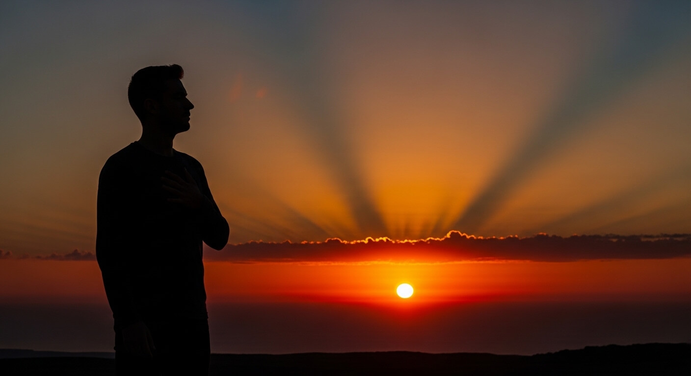 Silhouette of a man with hand on chest watching a vibrant sunset with sun rays over the horizon.