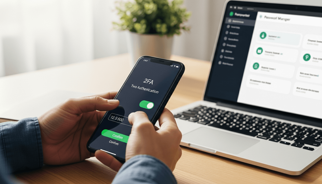 Person enabling two-factor authentication on smartphone with password manager open on laptop nearby
