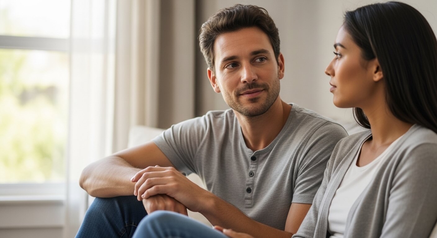 Man and woman sitting indoors having a conversation, both wearing casual gray tops.