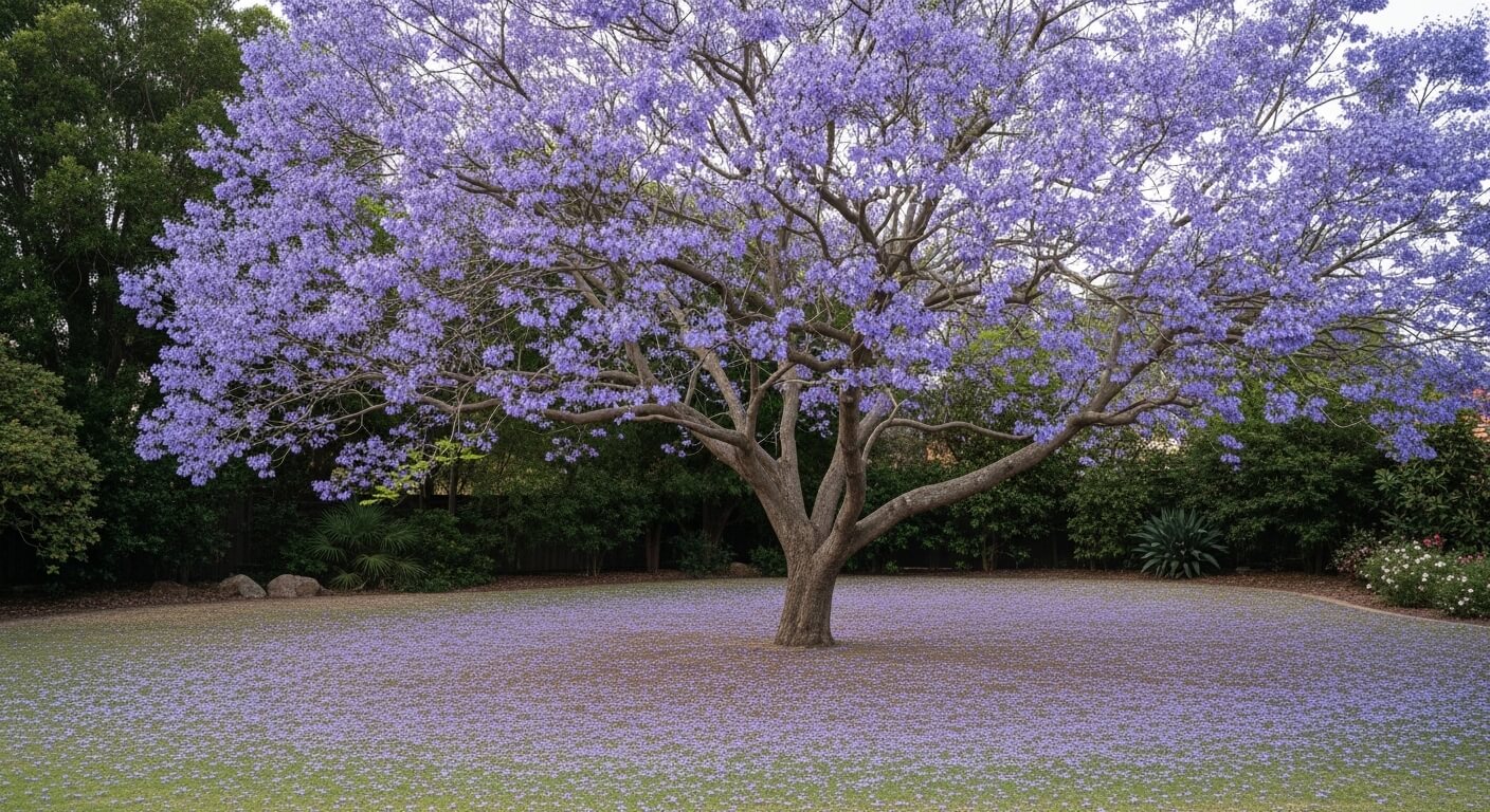 Jacaranda tree in full purple bloom with fallen flowers covering the ground beneath it.