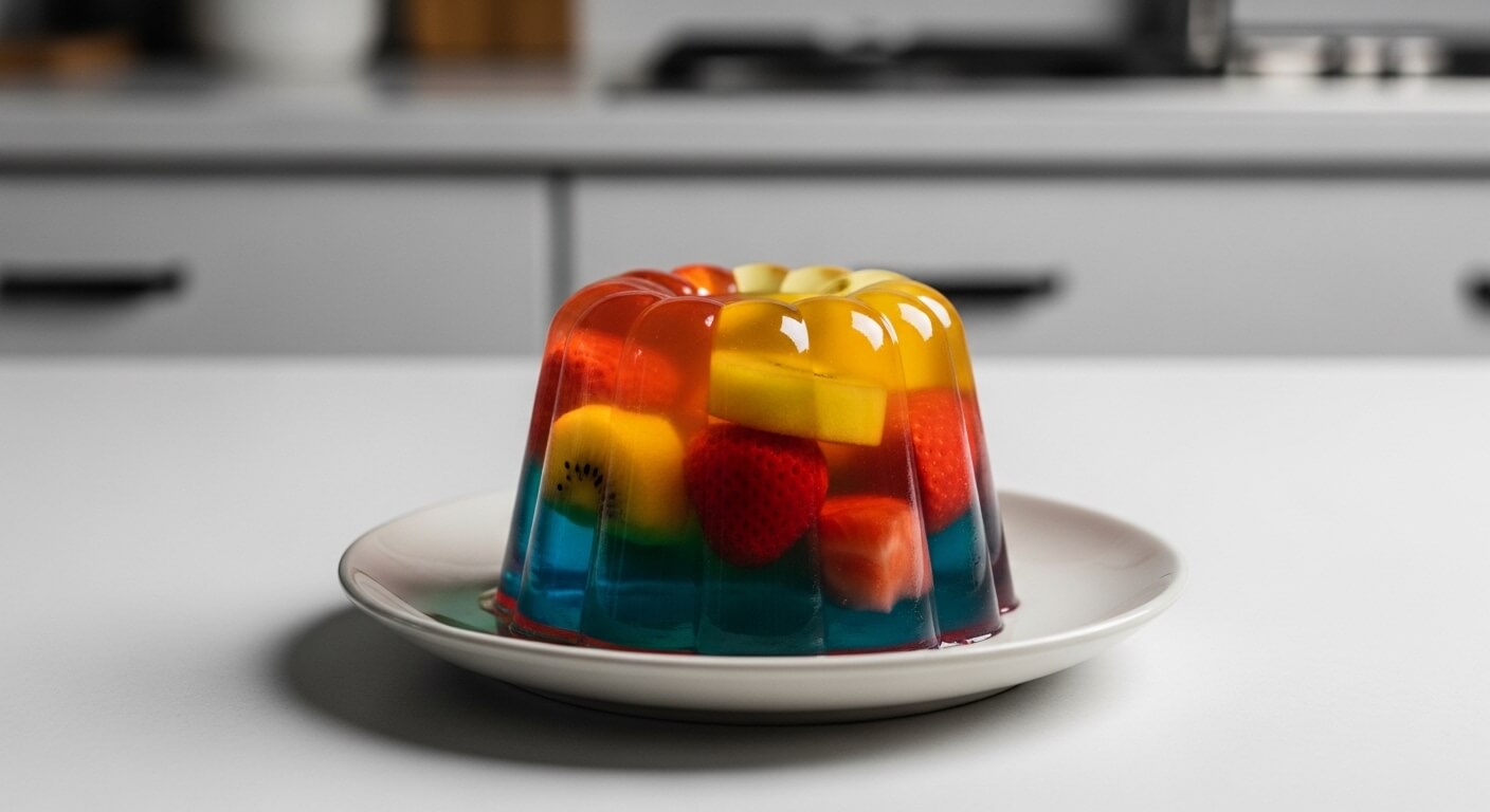 Colorful layered gelatin dessert with embedded strawberries, kiwi, and mango pieces on a white plate.