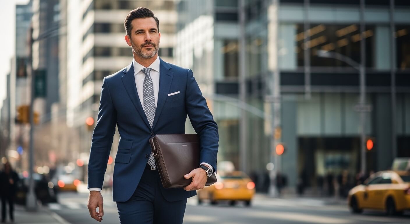 Man in blue suit carrying brown leather briefcase walking on city street with yellow taxis in background