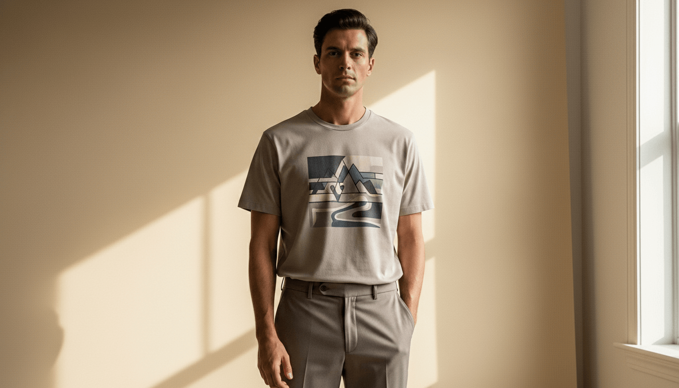 Man wearing beige graphic t-shirt and matching pants standing in sunlight near window