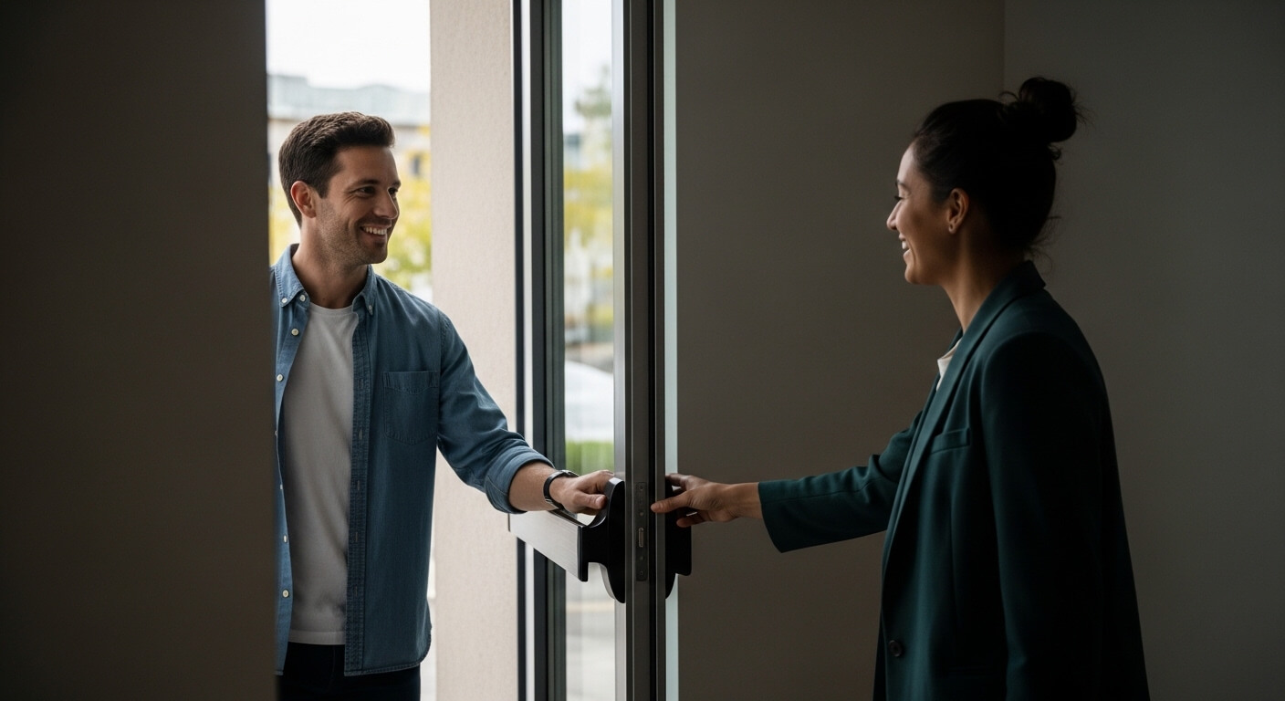 Man and woman smiling and holding open glass doors to greet each other.