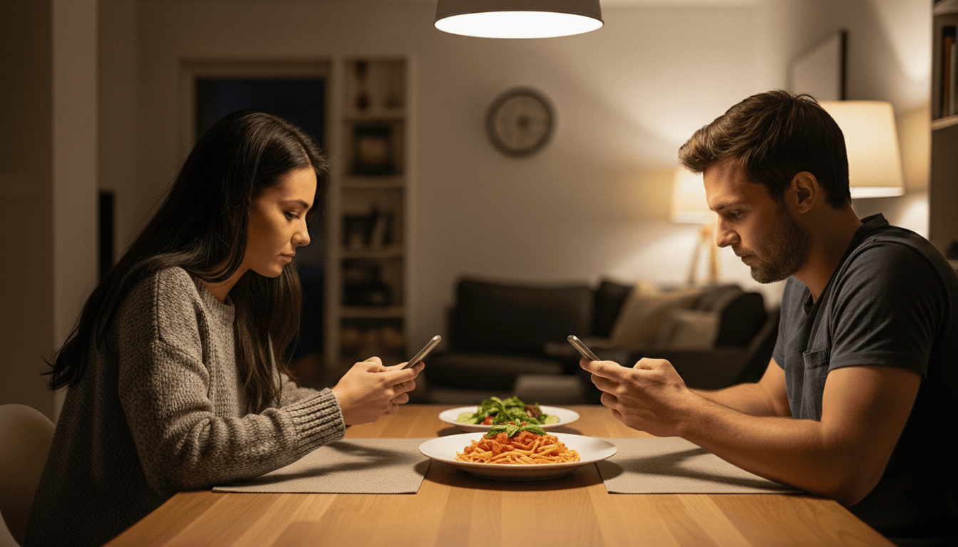 Man and woman sitting at a dining table with plates of food, both looking at their smartphones.