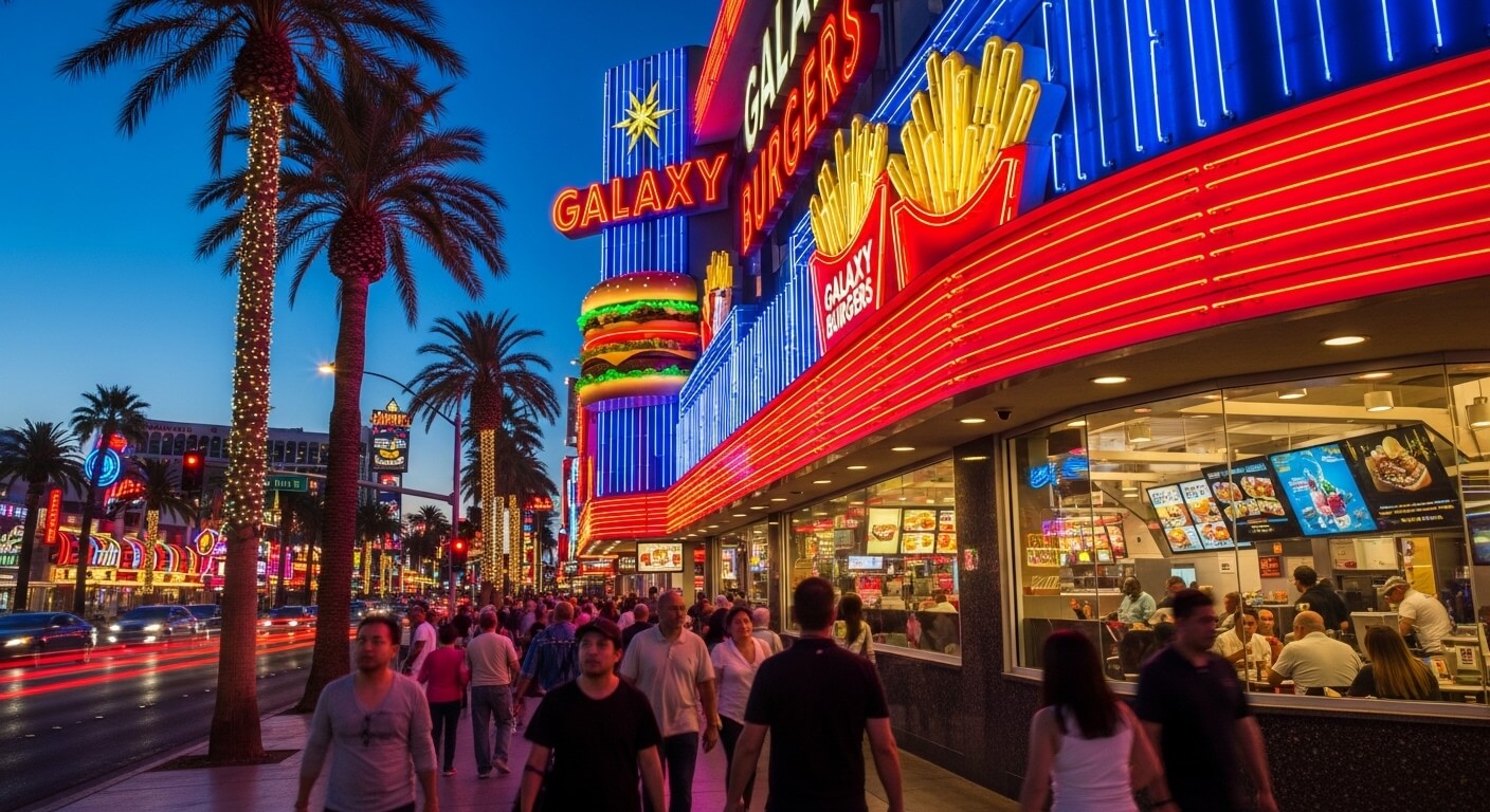 Crowd walking past Galaxy Burgers with neon signs of fries and a burger on a palm-lined street at dusk