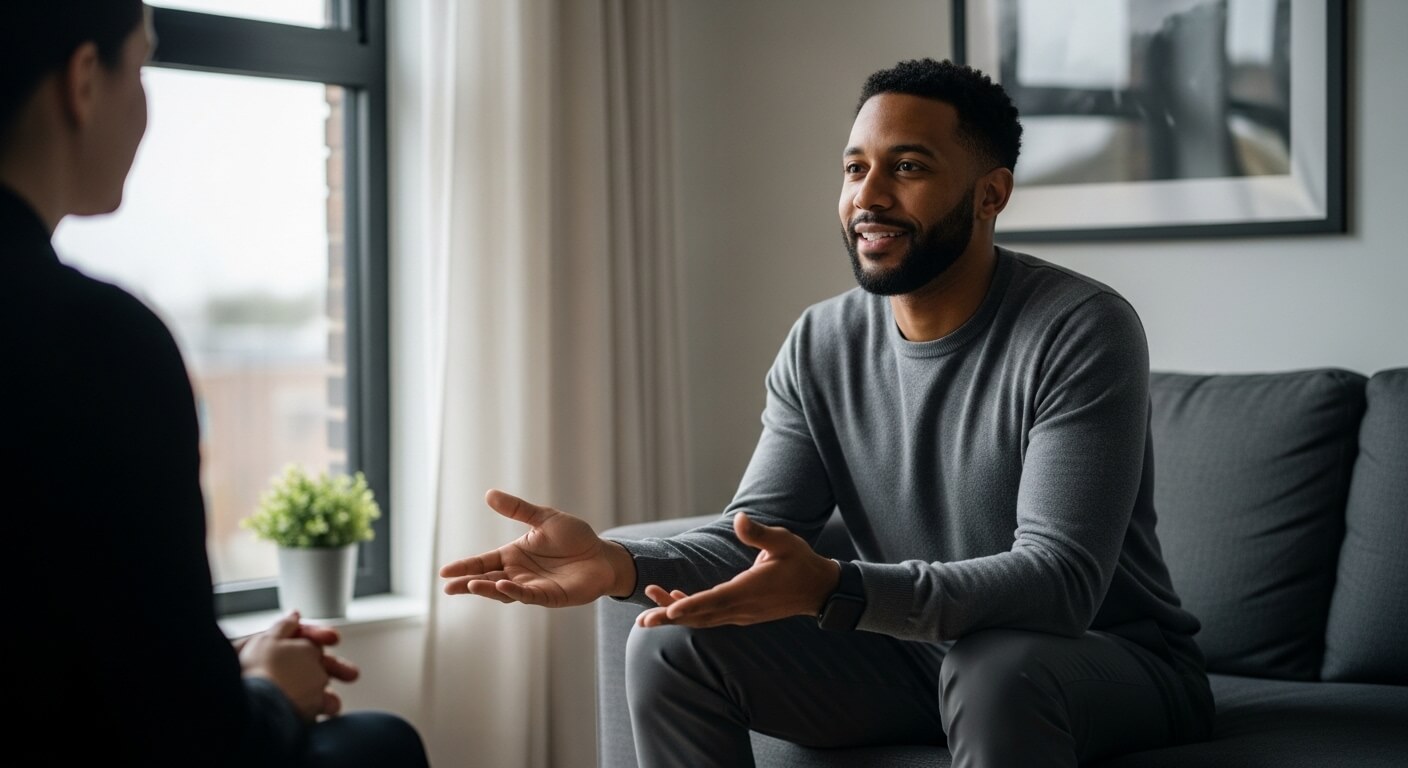 Man in gray sweater gesturing while talking to person near window in living room
