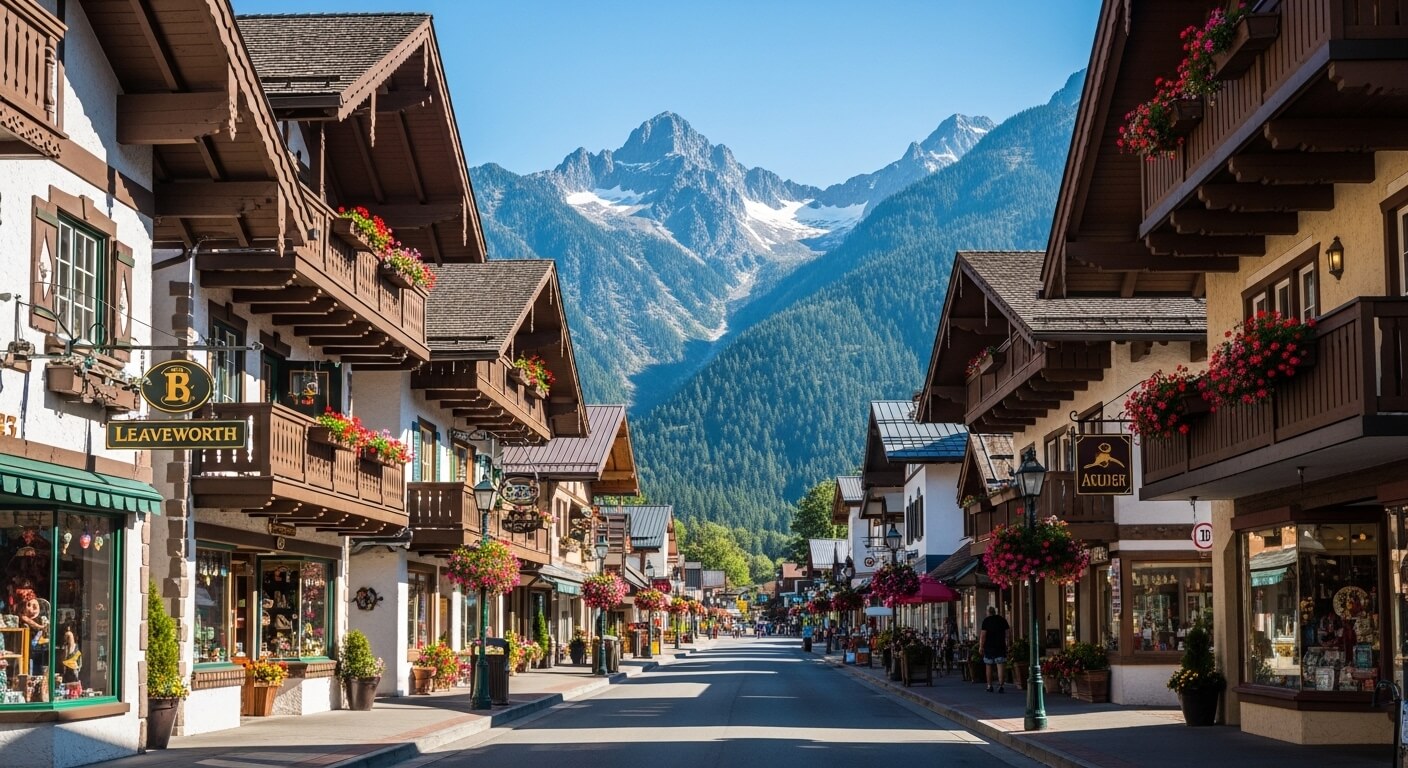 Downtown Leavenworth, Washington, with Bavarian-style buildings and mountains in the background under a clear sky.