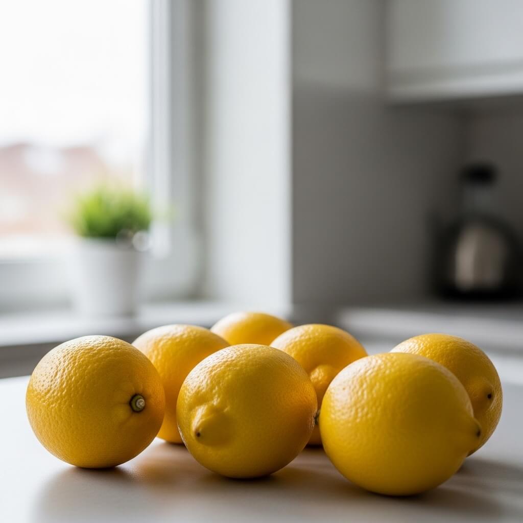 Seven fresh yellow lemons on a white kitchen countertop near a window with a blurred plant in the background