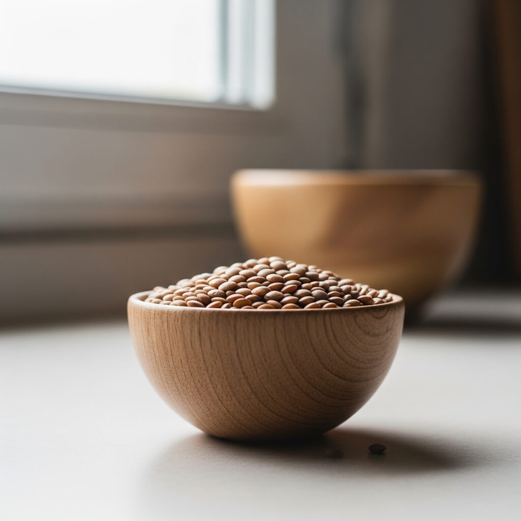 Wooden bowl filled with brown lentils on a white surface near a window
