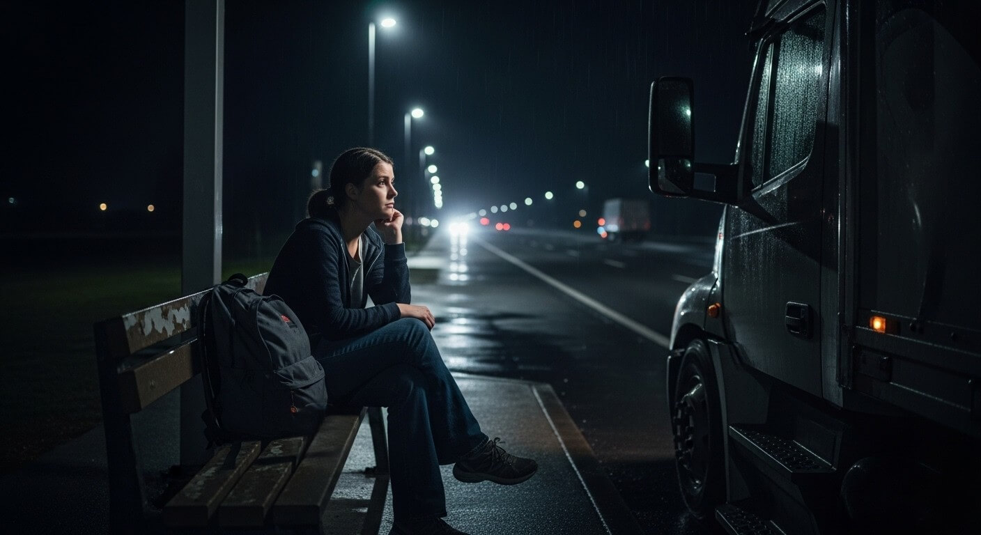 Woman with backpack sitting on bench at night near a parked truck on a rainy roadside