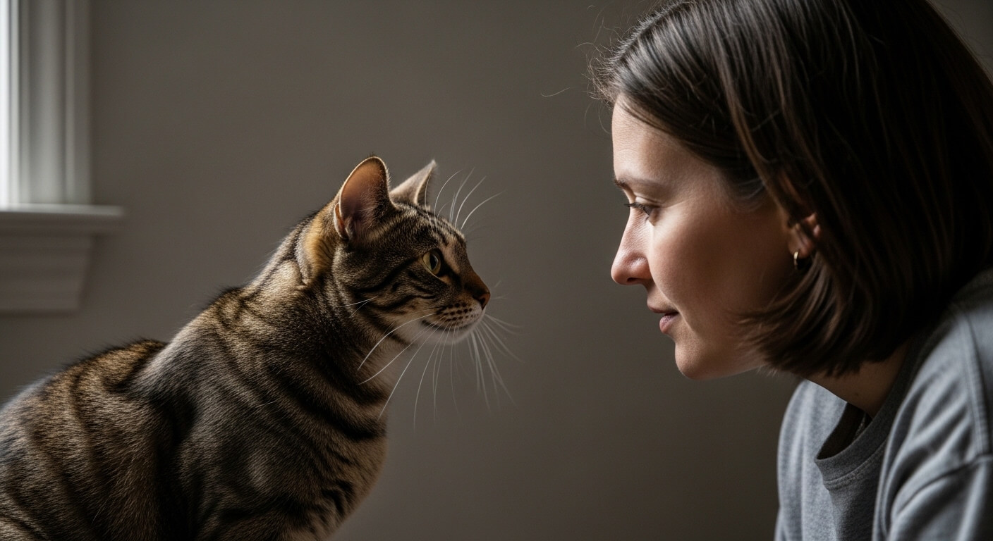 Woman and tabby cat facing each other indoors near a window with neutral background