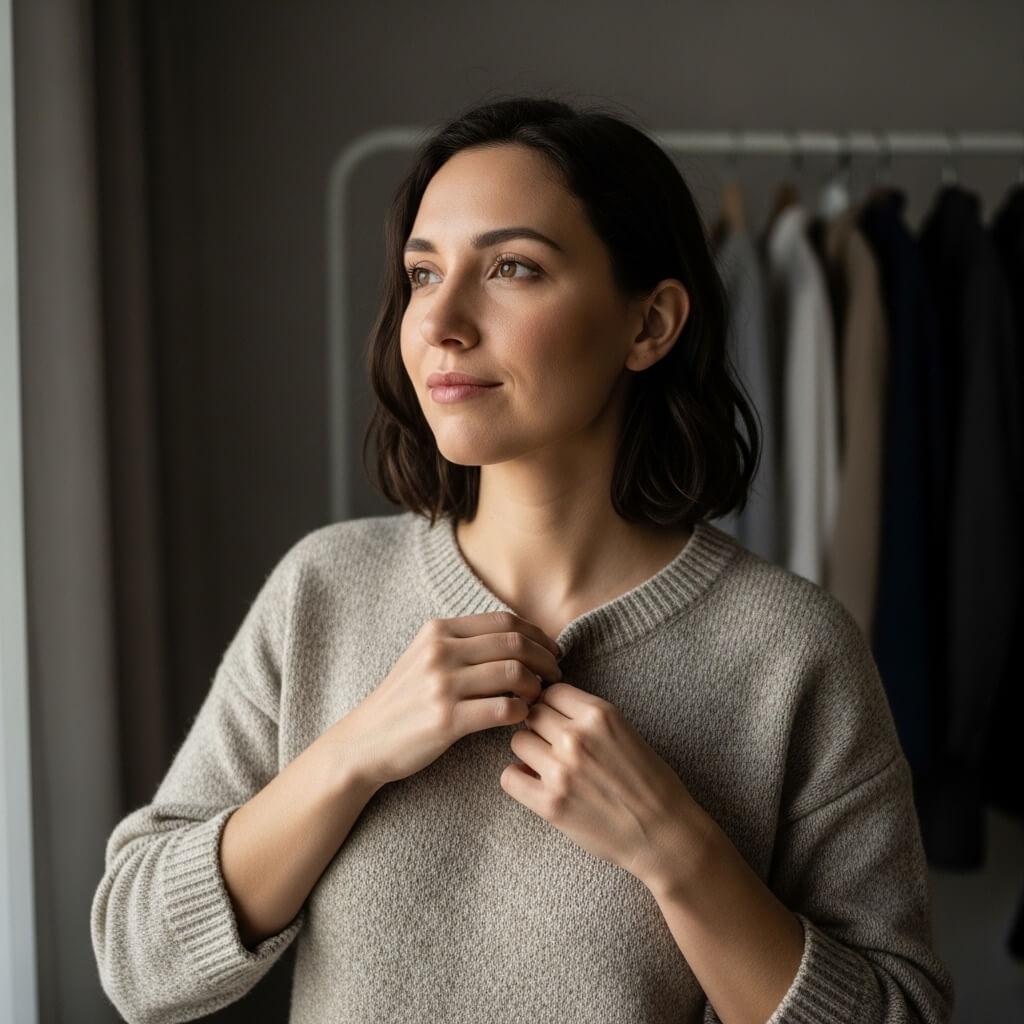 Young woman with short dark hair wearing a beige sweater, buttoning it while looking thoughtfully to the side.