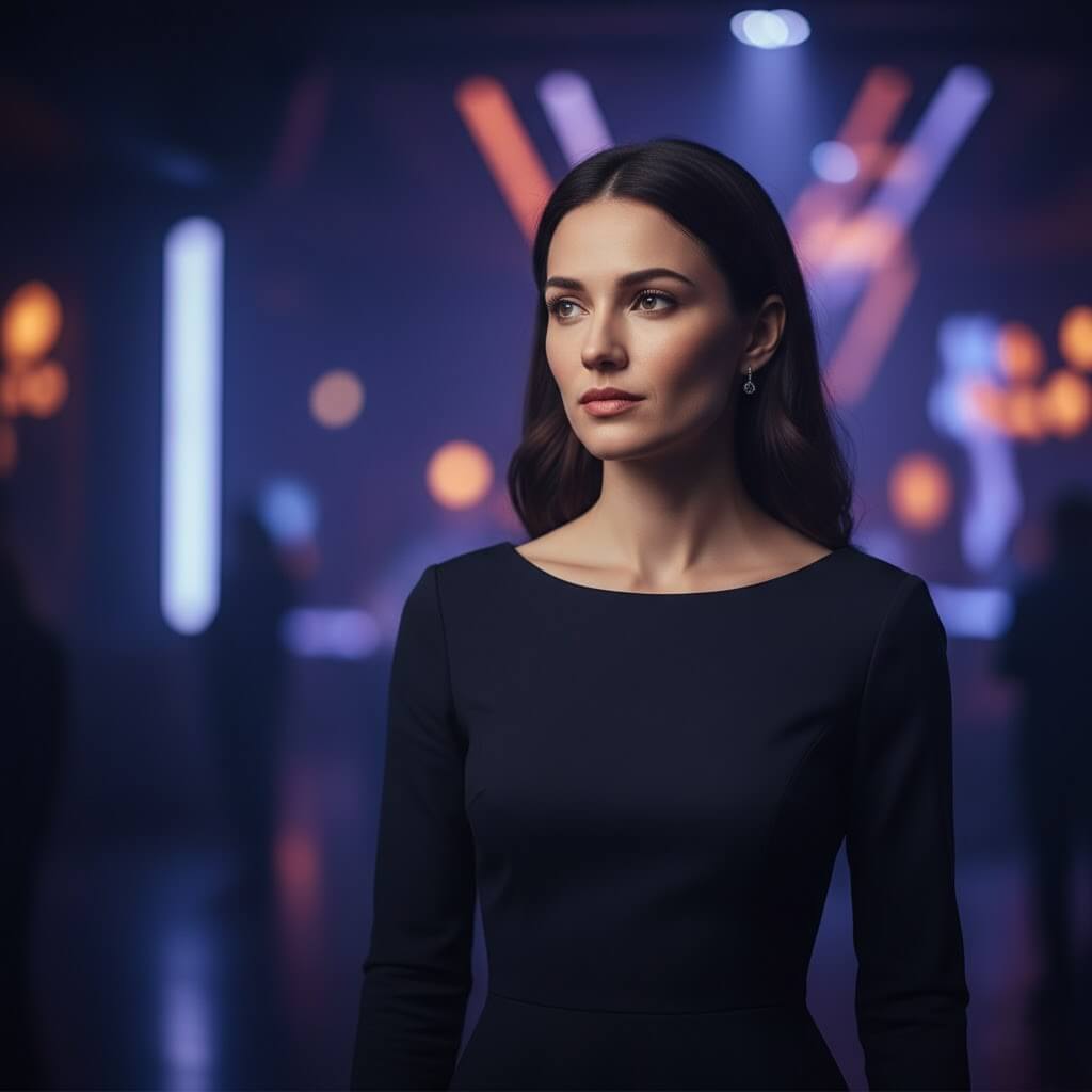 Young woman in a black dress with earrings standing in a dimly lit venue with blurred colorful lights in the background