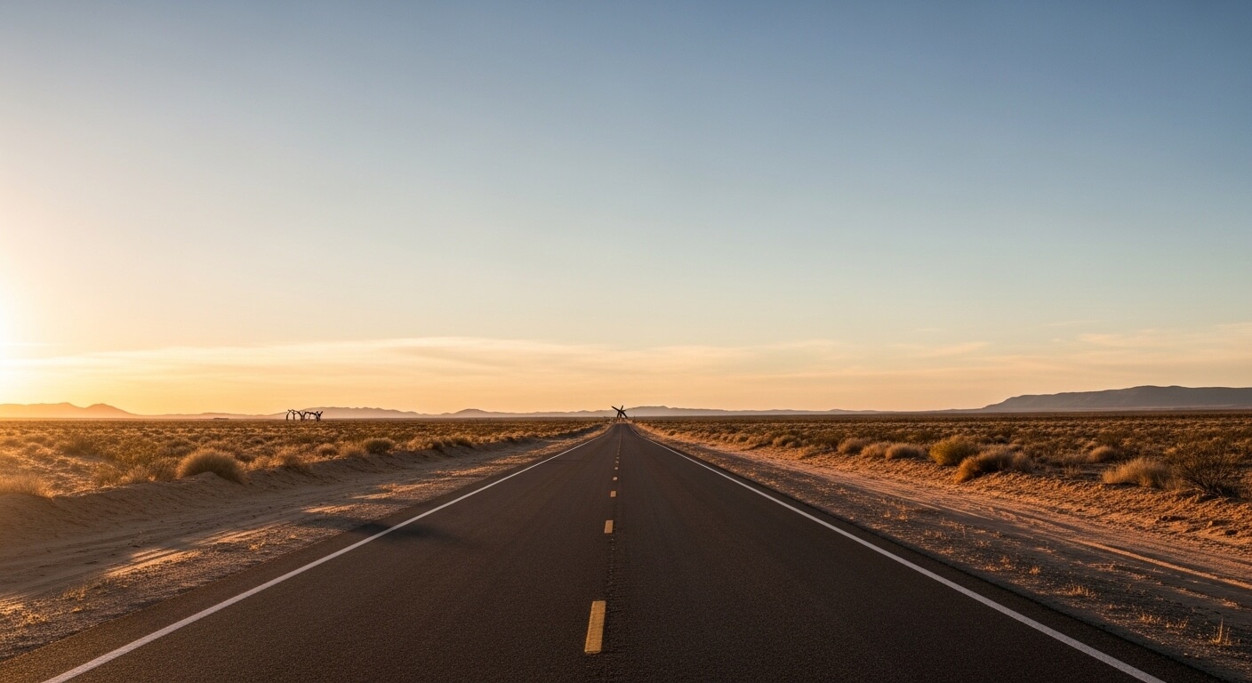Straight desert highway at sunset with distant mountains and sparse vegetation on both sides