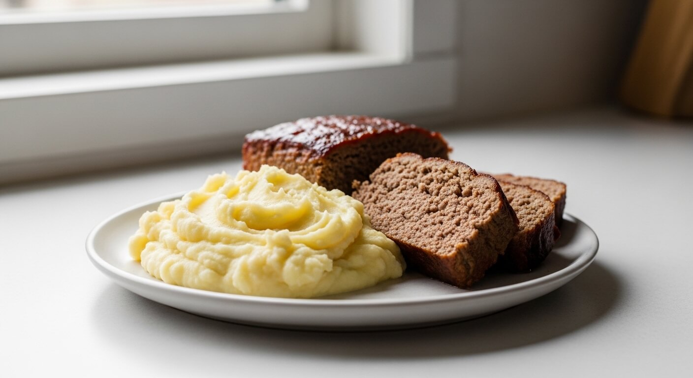 Plate with mashed potatoes and slices of meatloaf on a white surface near a window
