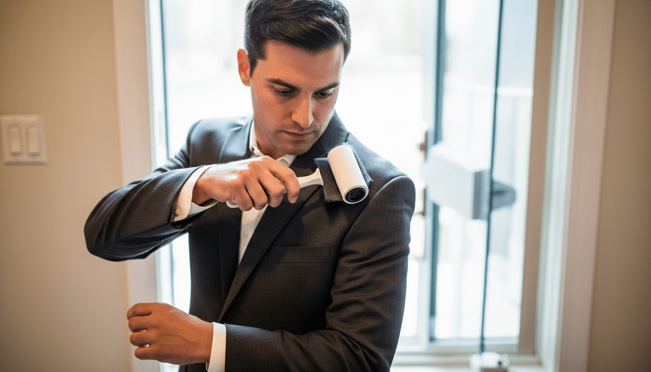 Man in suit using a lint roller on his jacket sleeve near a glass door