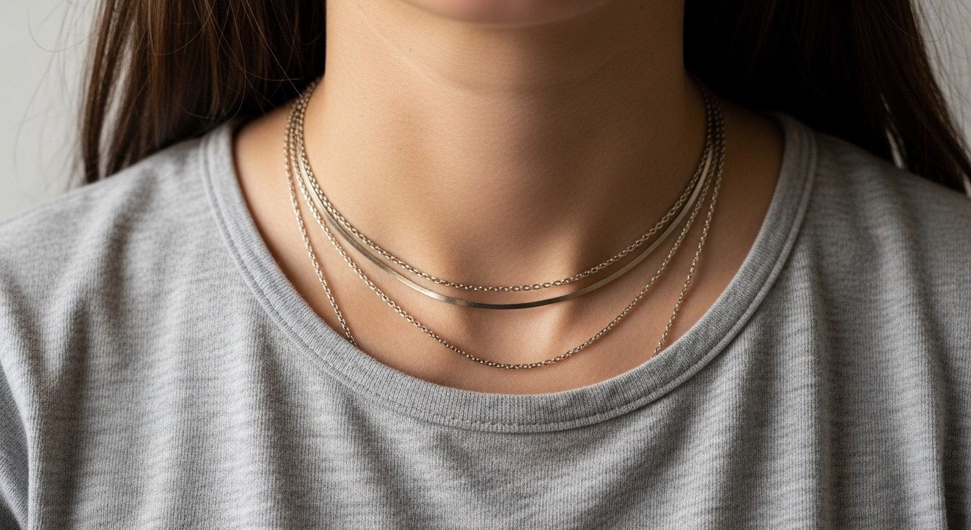 Tampilan jarak dekat dari seseorang yang mengenakan kalung rantai perak berlapis dan kemeja leher kru abu-abu.