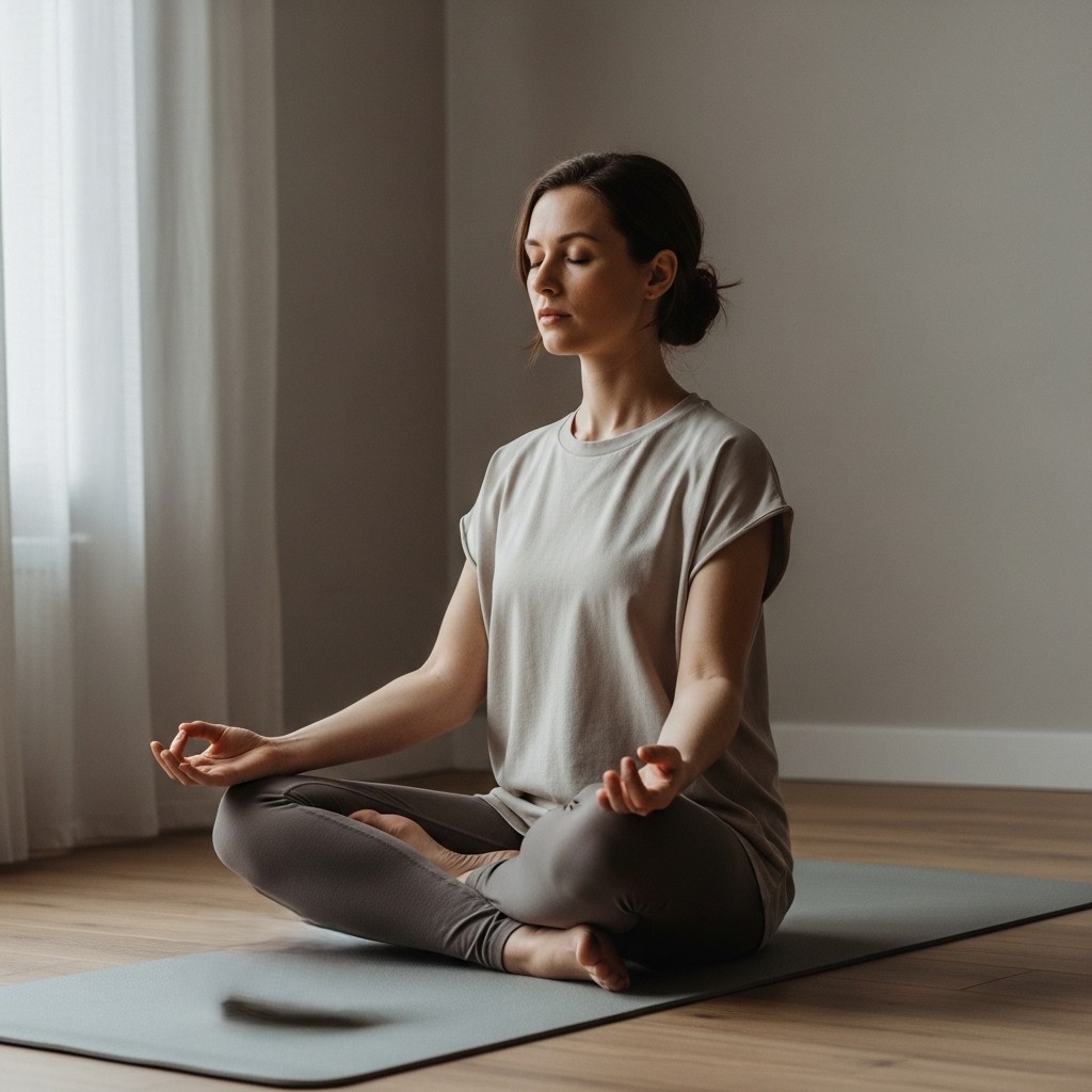 Woman meditating in a cross-legged position on a yoga mat in a softly lit room.