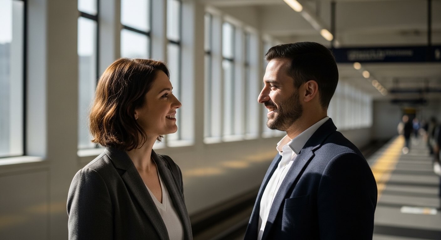 Two business professionals smiling and facing each other in a sunlit corridor.