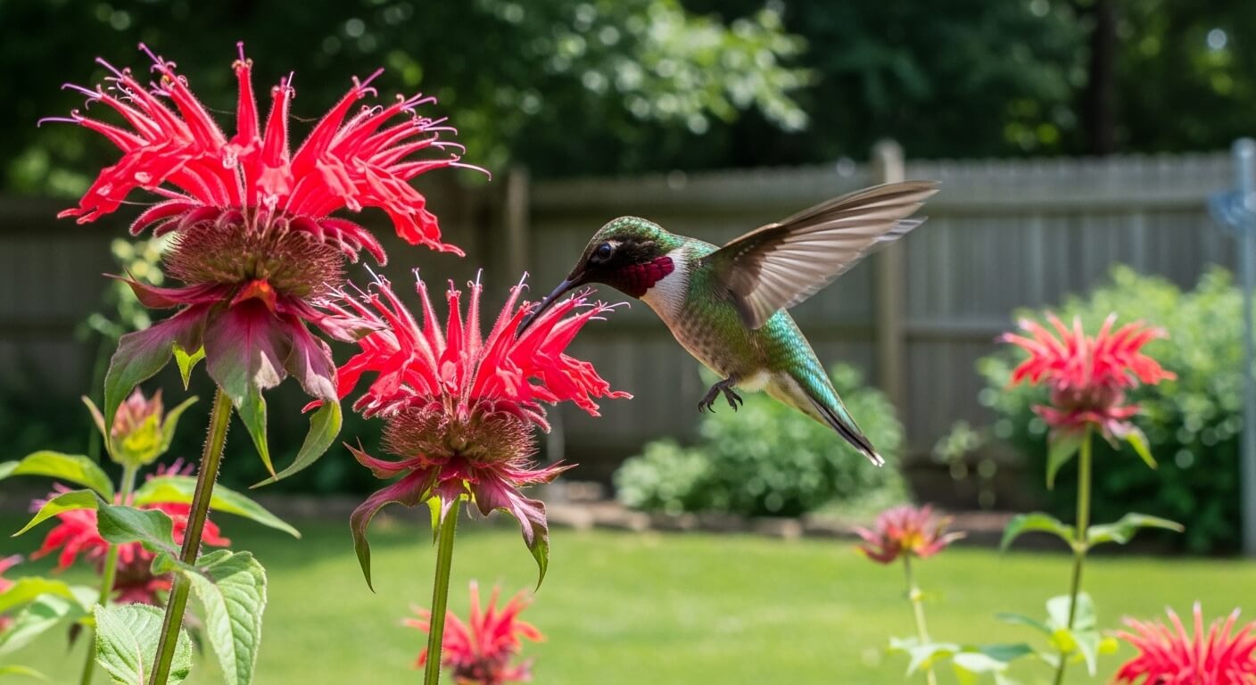 Hummingbird feeding from bright red bee balm flowers in a sunny garden with a wooden fence background