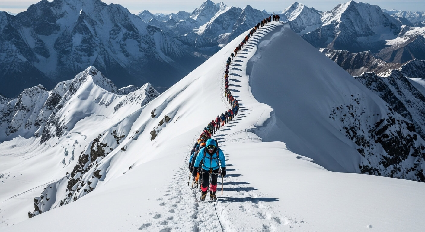 Group of climbers roped together ascending a snowy mountain ridge with snow-covered peaks in the background.