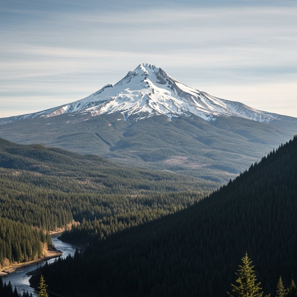Snow-capped Mount Hood towering over dense evergreen forests with a winding river in the foreground.