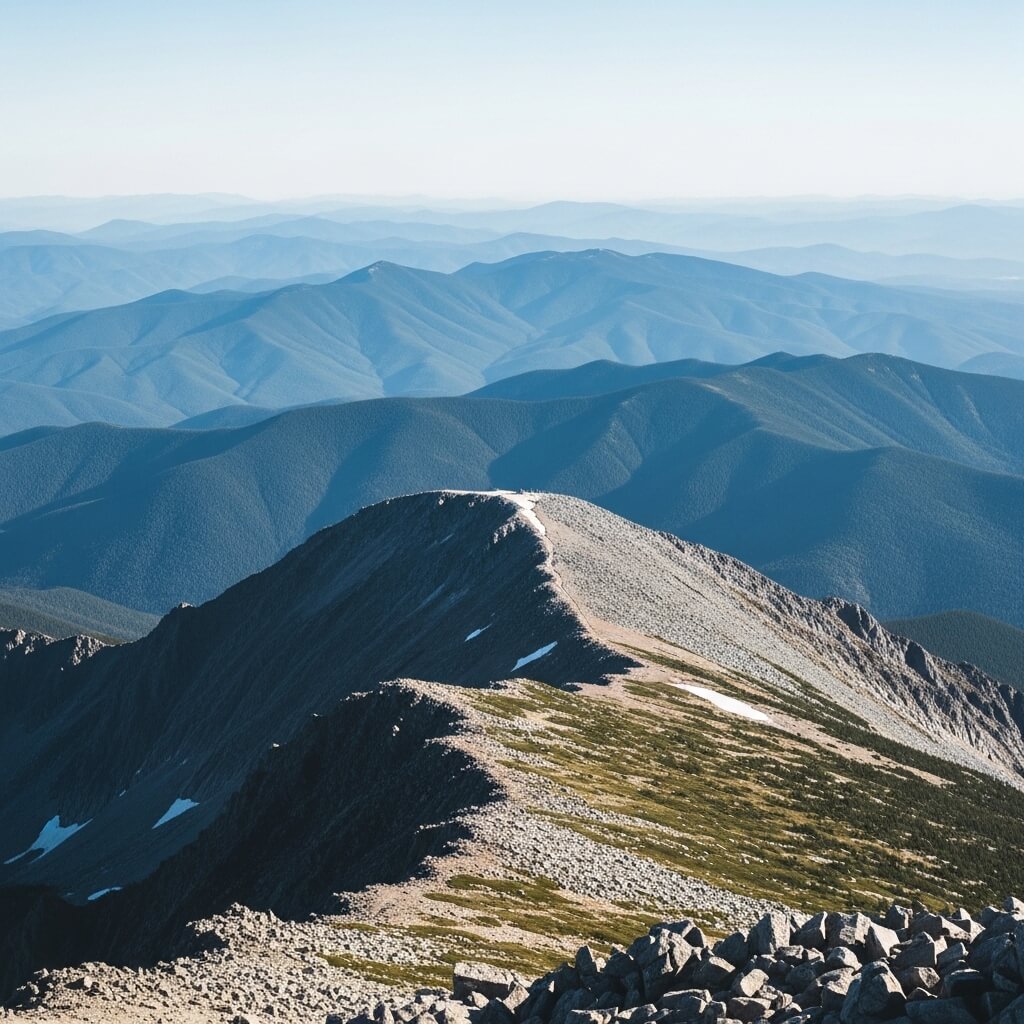 Rocky mountain ridge with layered blue mountain ranges fading into the distance under a clear sky