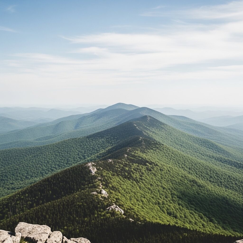 Green forested mountain ridges extending into the distance under a partly cloudy sky.