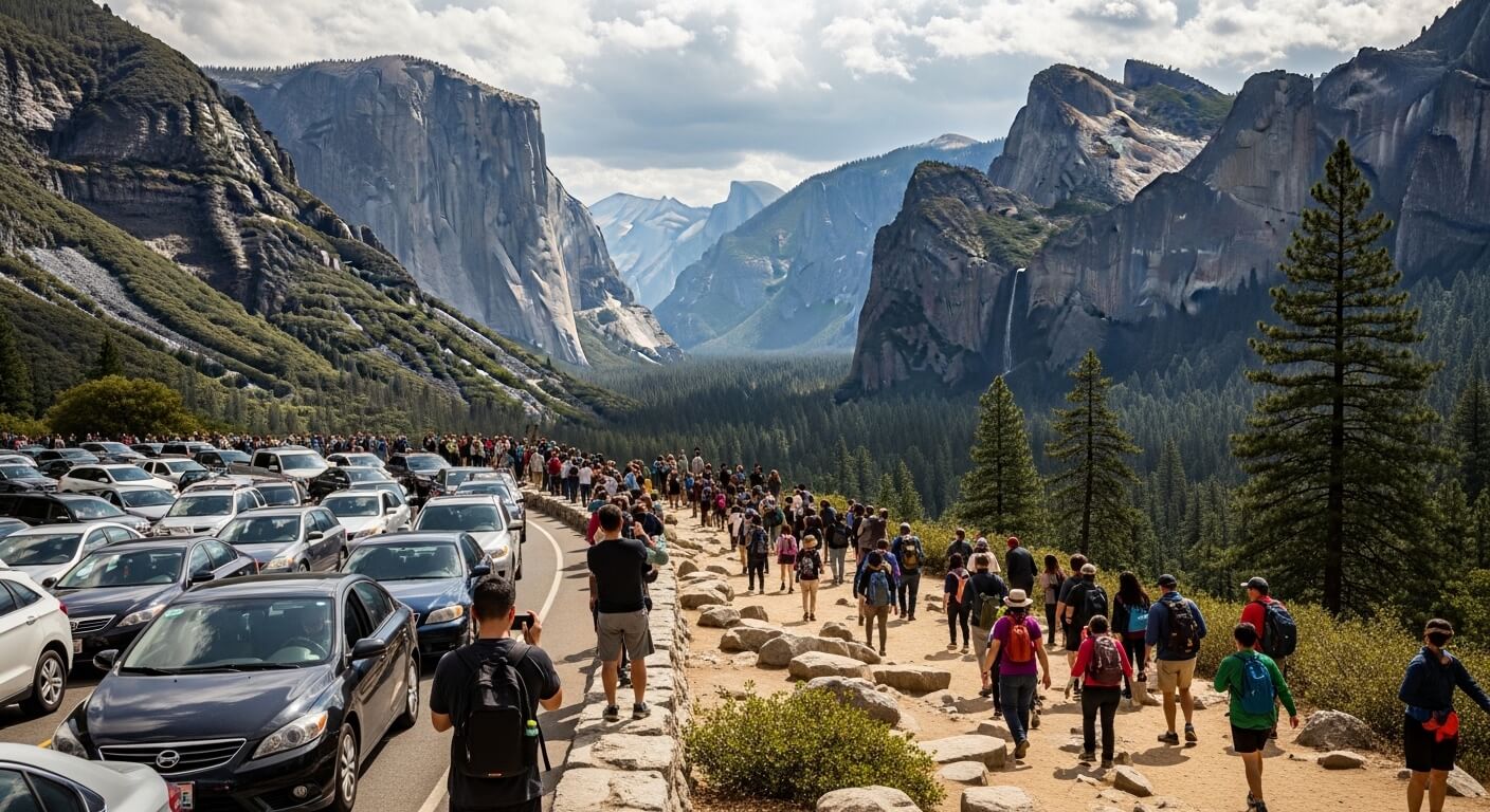 Crowd of hikers walking along a trail beside a road with heavy traffic in Yosemite National Park valley.