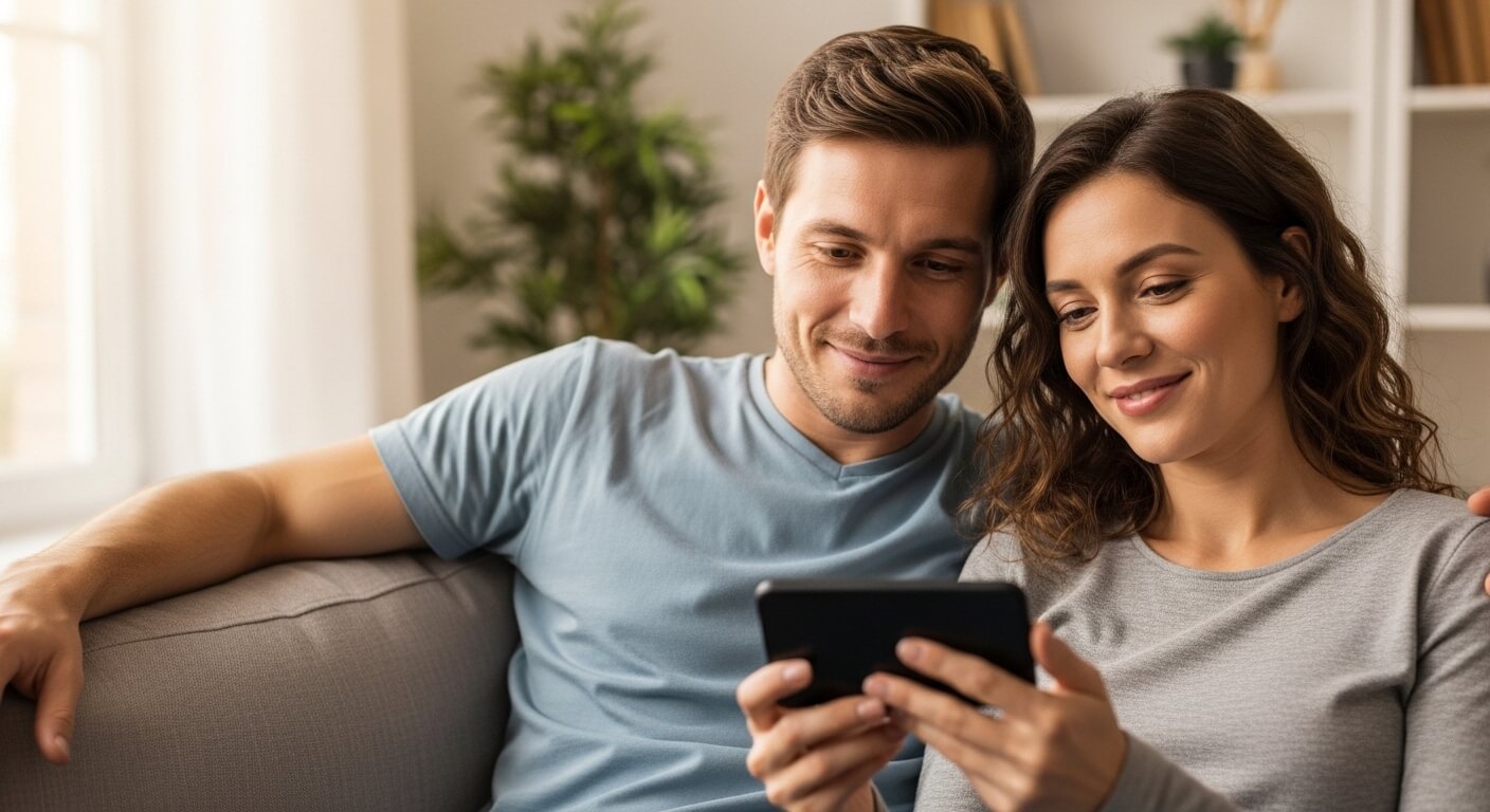 Couple sitting on a couch smiling and looking at a smartphone together in a living room.