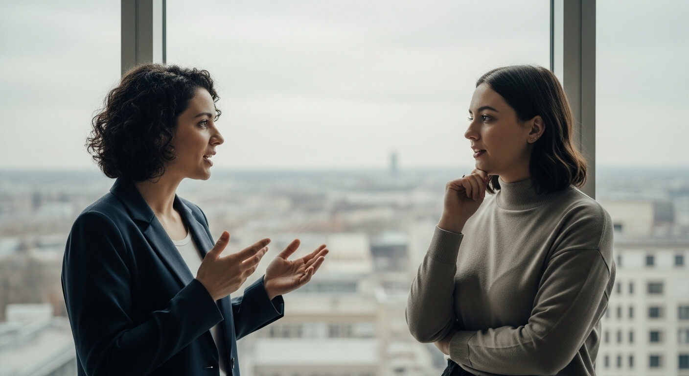 Two women engaged in a conversation by a large window overlooking a cityscape.