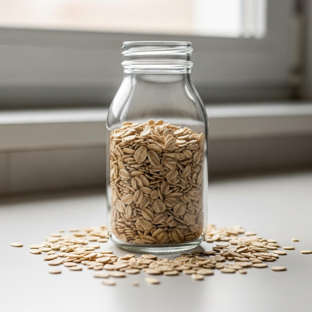 Glass jar filled with rolled oats surrounded by scattered oats on a white surface